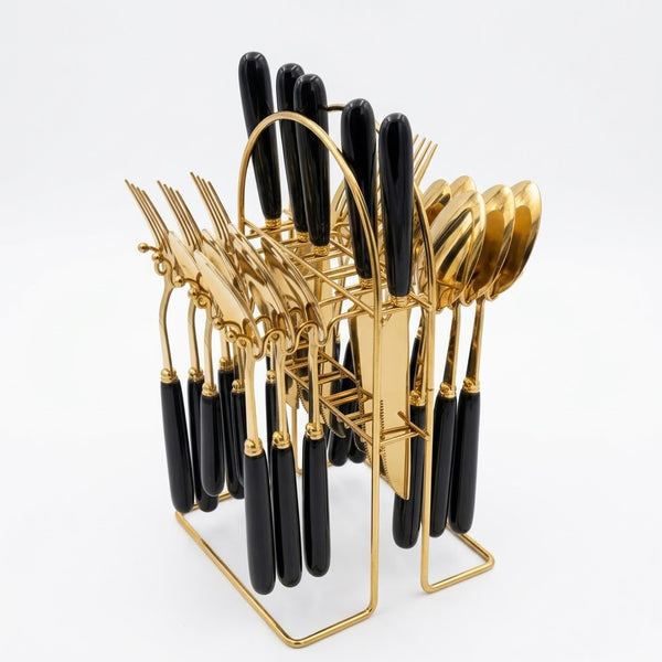 Black Ceramic Handle Golden Cutlery Set with Stand