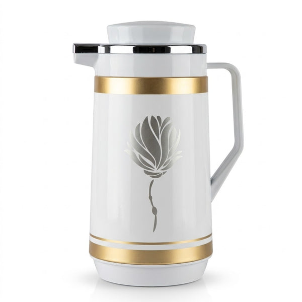 White & Gold Minimalist Vacuum Flask / Thermal Tea Pot with Floral Art Print
