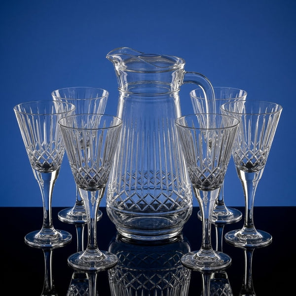 Water Set with Cut-Glass Diamond Design and Silver Trim