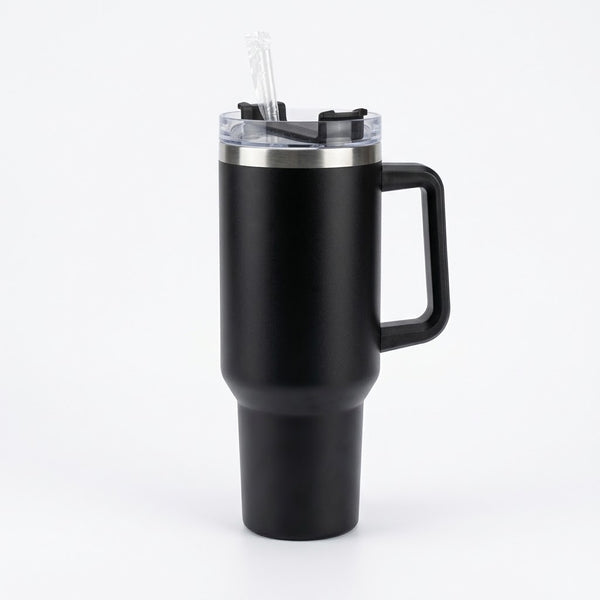 Matte Black Stainless Steel Insulated Tumbler Mug with Handle and Straw