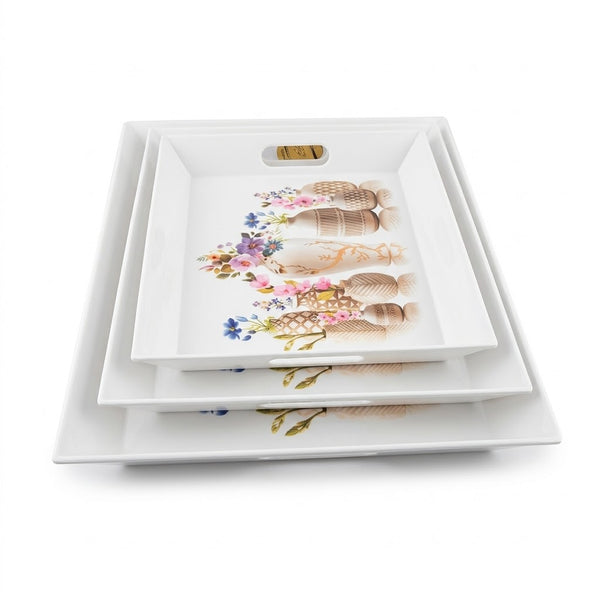 White Floral Printed Serving Tray Set Of 3