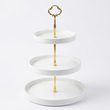 3-Tier Round White Ceramic Serving Tray Stand with Golden Handle