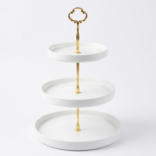 3-Tier Round White Ceramic Serving Tray Stand with Golden Handle