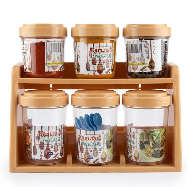 Kamran Spice Jar Set (2-Tier Stand, Beige/Peach Lids, 500 ml Jars)