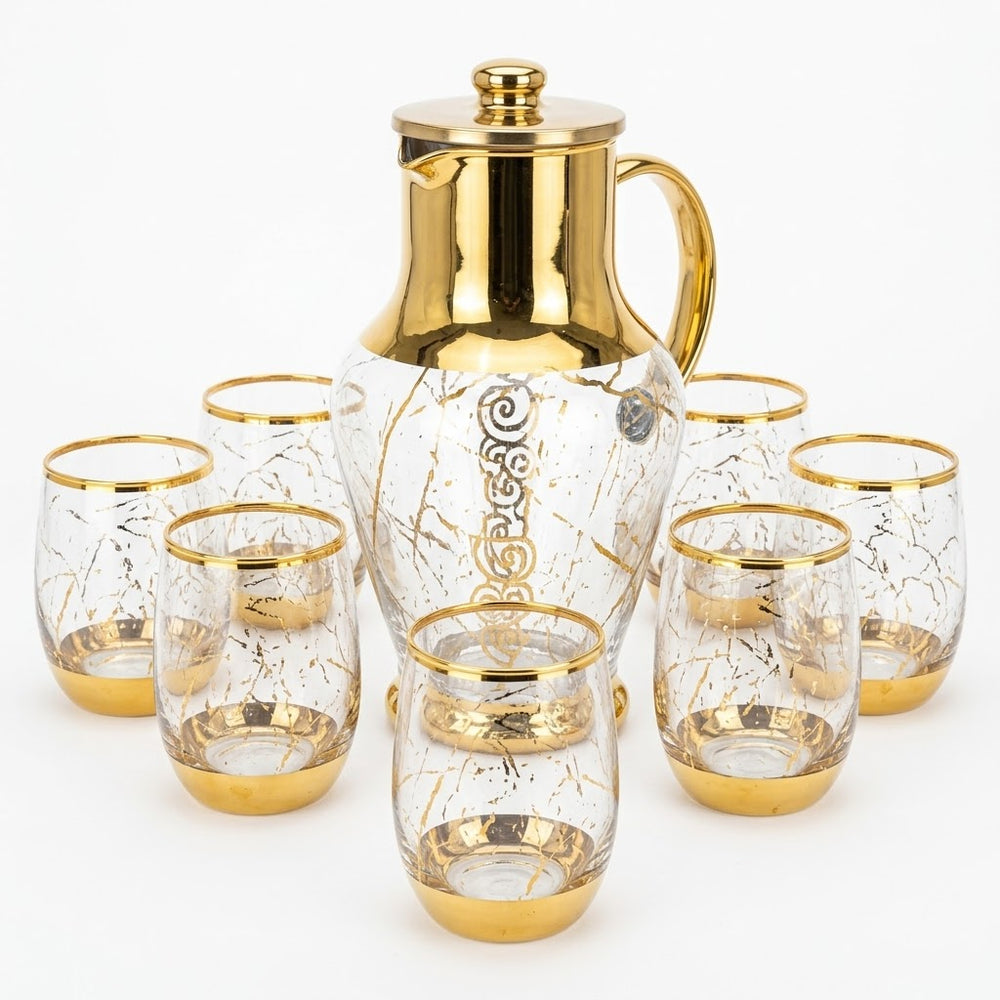 Luxury Golden Cracked Glass Texture Water Jug and Tumbler Set (Jug with 6 glass)