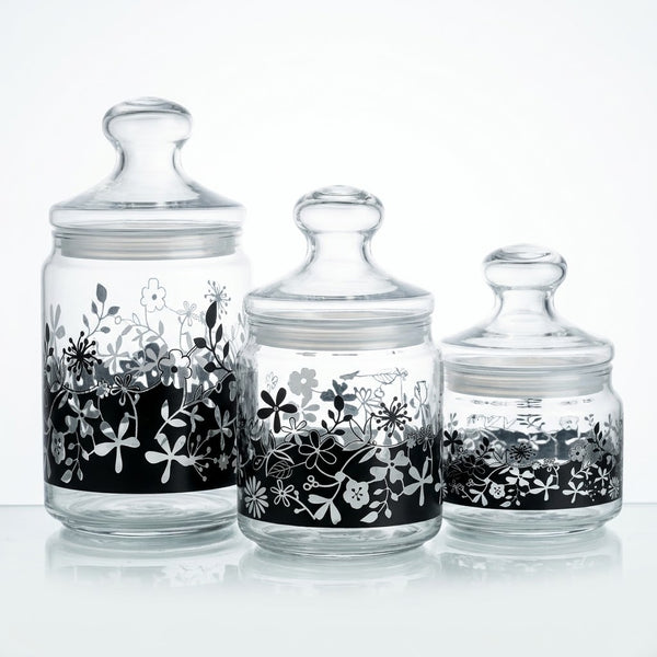 Luminarc Black Floral Glass Storage Jars Set with Lids
