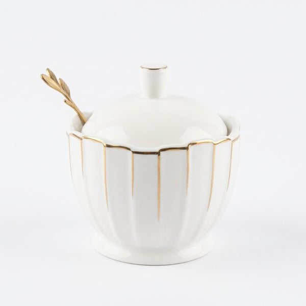 White Ceramic Sugar Pot With Gold Lining And Spoon