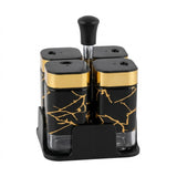 4 pieces with stand Black And Gold Marble Design Glass Spice Container Set With Stand