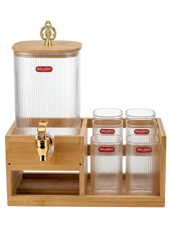 Glass Drink Dispenser Set with Wooden Stand and Cups