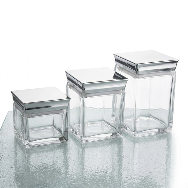 Square Glass Storage Jar Set with Silver Metallic Lid