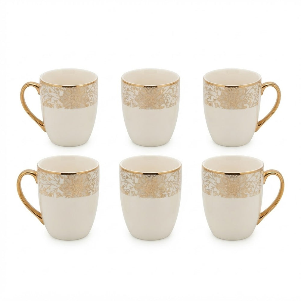 White Ceramic Tea Mug with Gold Floral Art Pattern (6 Pieces Set)