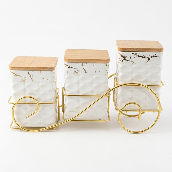 Ceramic Spice Jars Set with Wooden Lids and Stand