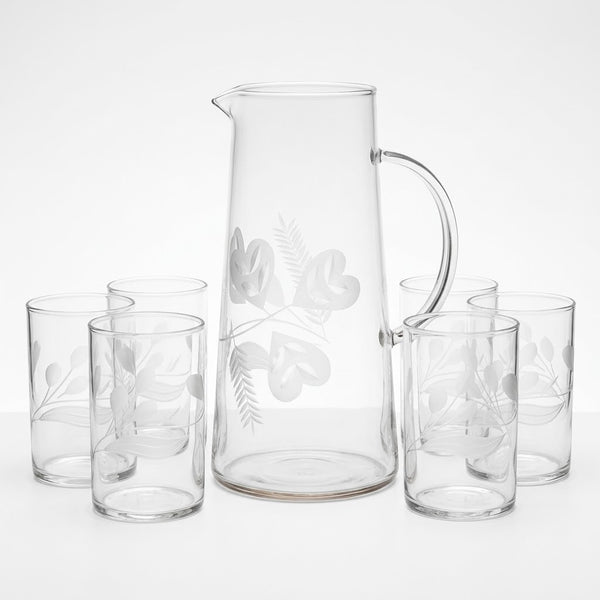 Elegant Frosted Heart and Leaf Pattern Clear Glass Pitcher Set (Jug with 6 glass)