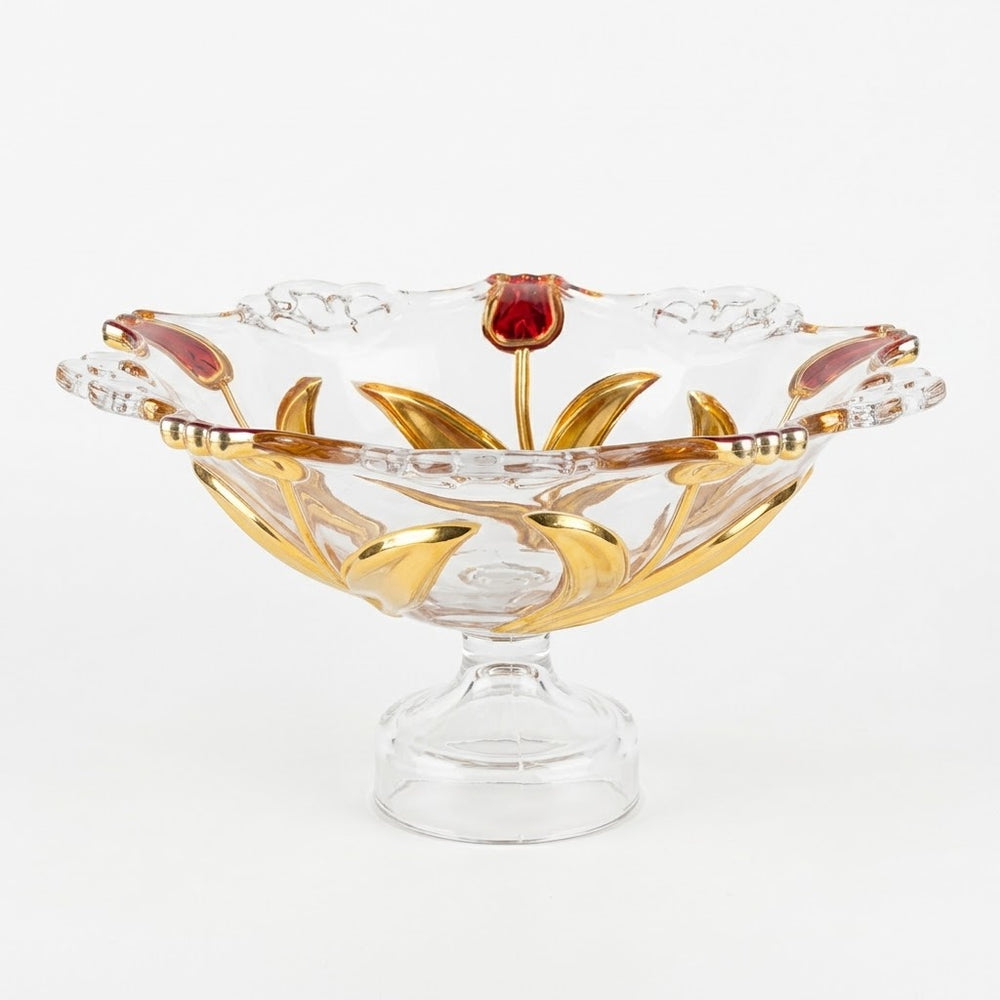 Red & Gold Tulip Pattern Decorative Glass Fruit Bowl