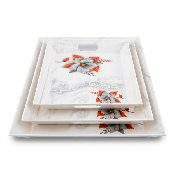 Grey Flower Print Rectangular Serving Tray Set Of 3