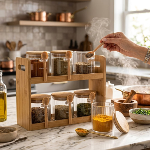 Glass Spice Jars Set with Wooden Rack and Spoons