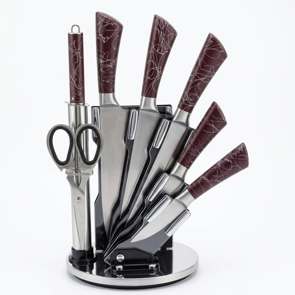 Bass Marble-Design Handle Stainless Steel Knife Set with Acrylic Stand and Scissors
