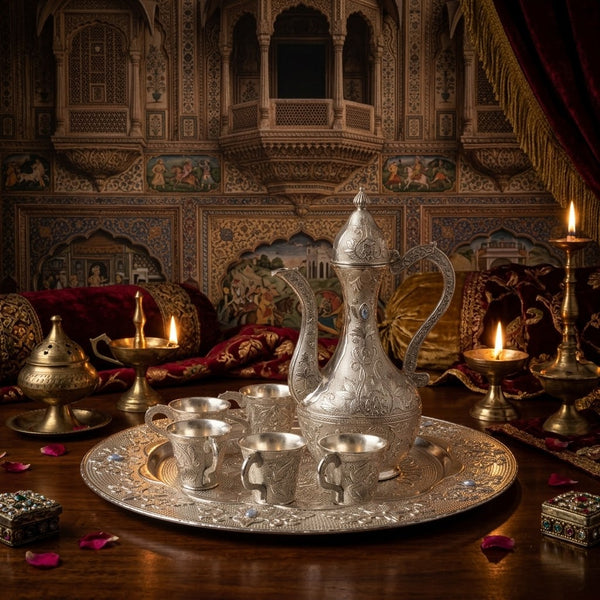 Royal Silver-Plated Arabic Coffee Pot (Dallah) and Small Tea Cup Set with Serving Tray