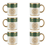 White Ceramic Tea Mug with Green & Gold Mandala Pattern (6 Pieces Set)