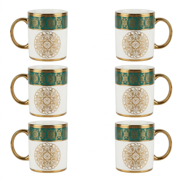 White Ceramic Tea Mug with Green & Gold Mandala Pattern (6 Pieces Set)
