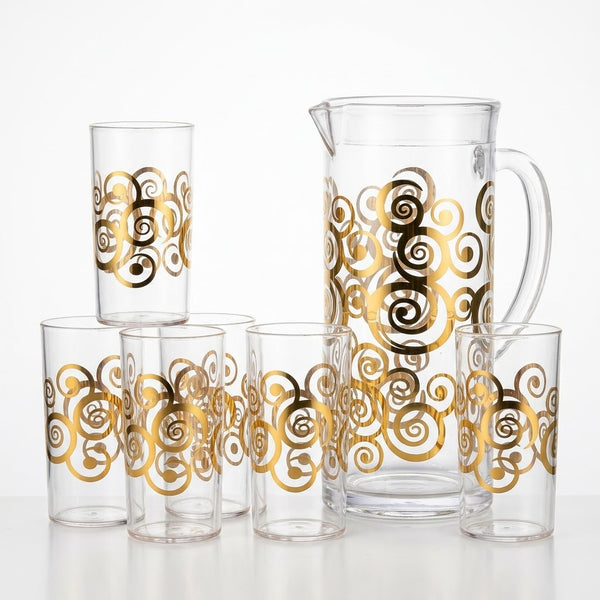 Clear Glass Pitcher and Glass Set with Golden Swirl Pattern (Jug with 6 glass)