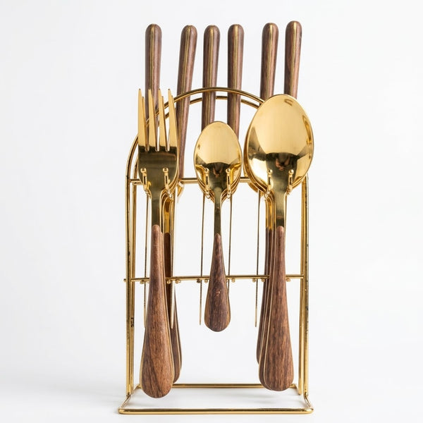 Golden Cutlery Set with Wooden Handle & Metal Stand