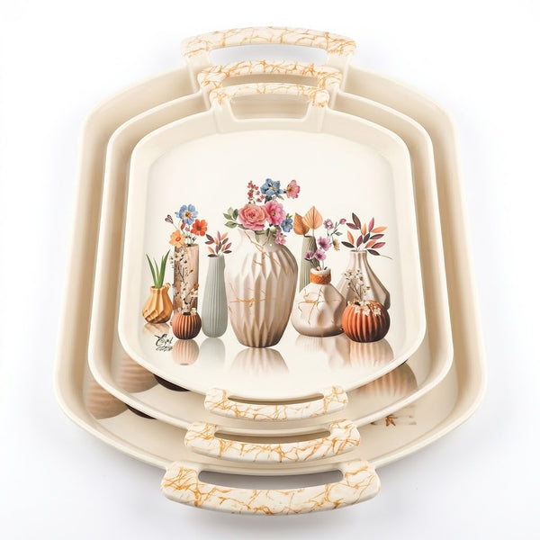 Oval Shaped White Printed Serving Tray Set With Golden Handles