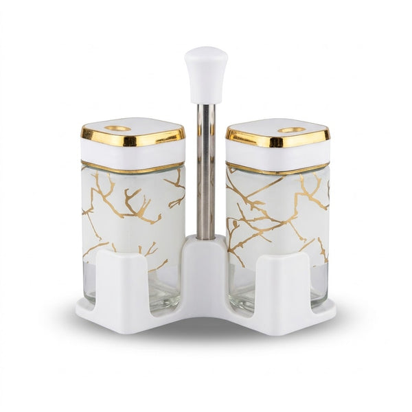 White And Gold Marble Design Glass Salt And Pepper Shaker Set With Stand