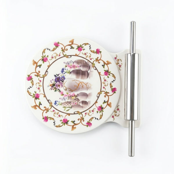 Vintage Flower Vase Printed Ceramic Roti Rolling Board (Chakla) with Stainless Steel Rolling Pin (Belan)