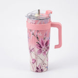 Pink Floral Pattern Insulated Tumbler Mug with Handle and Straw