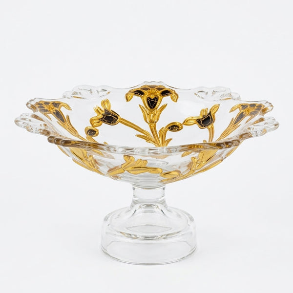 Golden Floral Embossed Glass Pedestal Fruit Bowl / Serving Dish