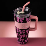 Black and Pink Bow Print Insulated Tumbler Mug with Handle and Straw