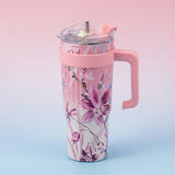 Pink Floral Pattern Insulated Tumbler Mug with Handle and Straw