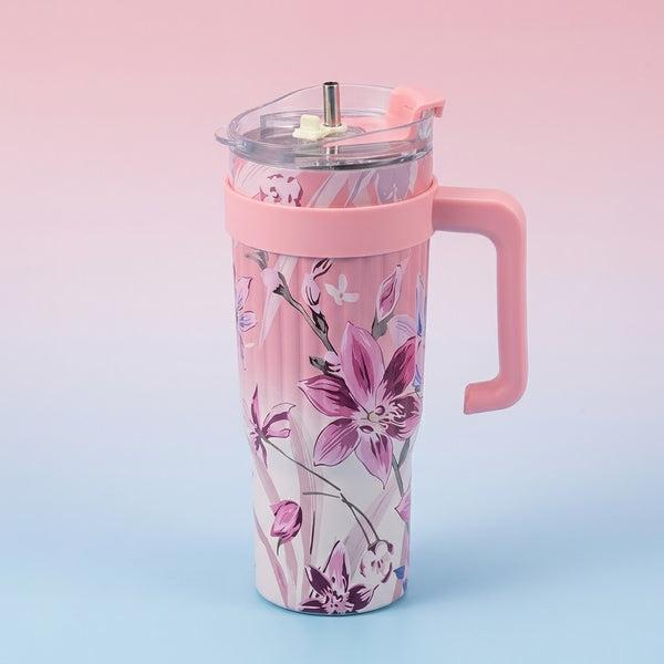 Pink Floral Pattern Insulated Tumbler Mug with Handle and Straw